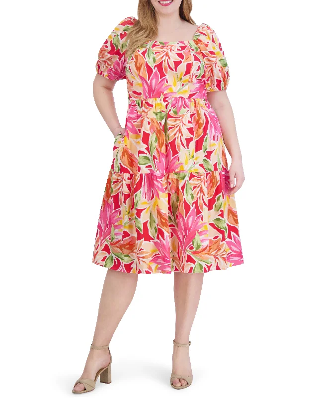 Plus-Size Printed Cotton Square-Neck Midi Dress Discounted midi dresses