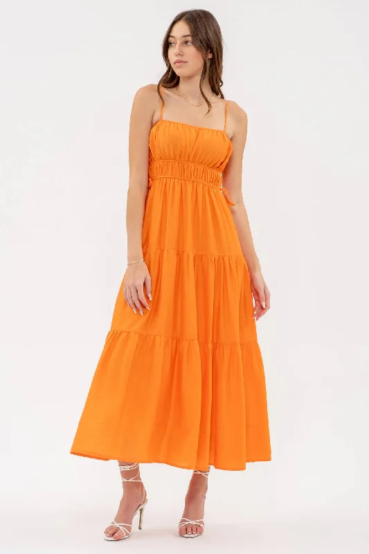 Waist Tie Shirred Tiered Midi Dress in Cantaloupe New Year's Eve midi dresses