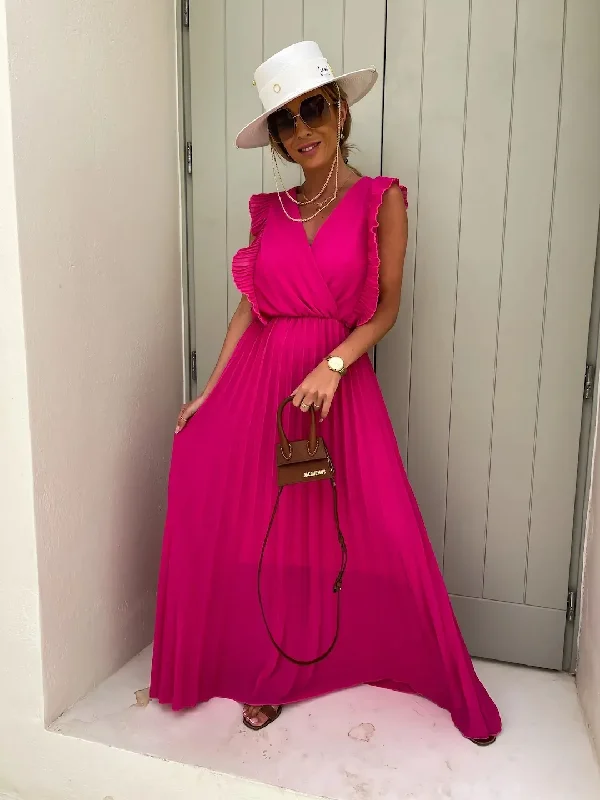 Women Elegant Solid Color Sleeveless Ruffled V Neck Maxi Party Vacation Dress Leather maxi dresses