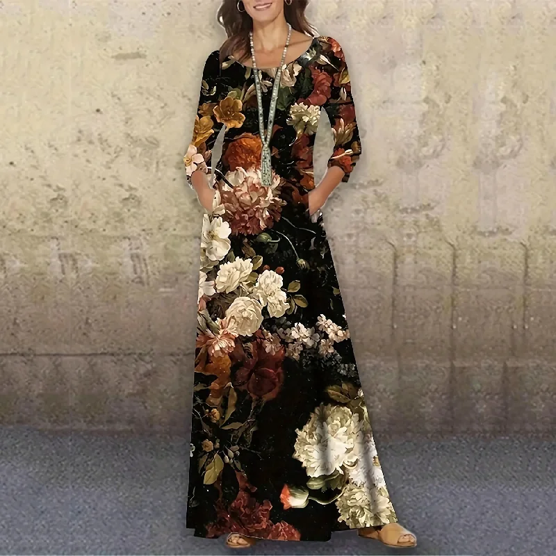 Women Fashion Casual Floral Printing Long Sleeve Maxi Dress Must-have maxi dresses for this season