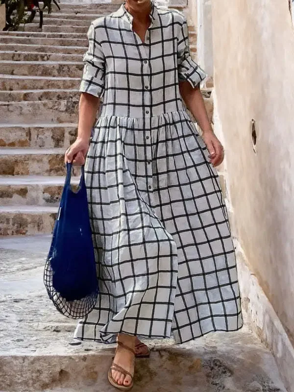 Women Fashion Casual Loose Lapel Plaid Maxi Swing Dress Women's maxi dresses