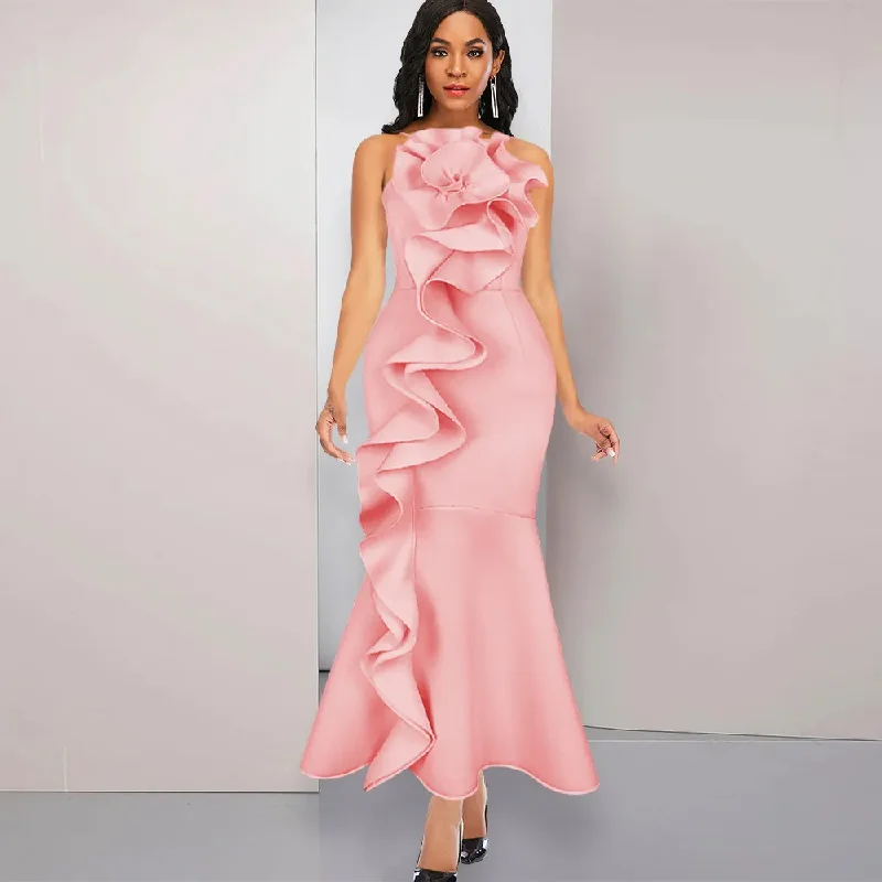 Women Party Dress Fashion Ruffle Flower Decoration Sexy Backless Maxi Dress Cocktail maxi dresses