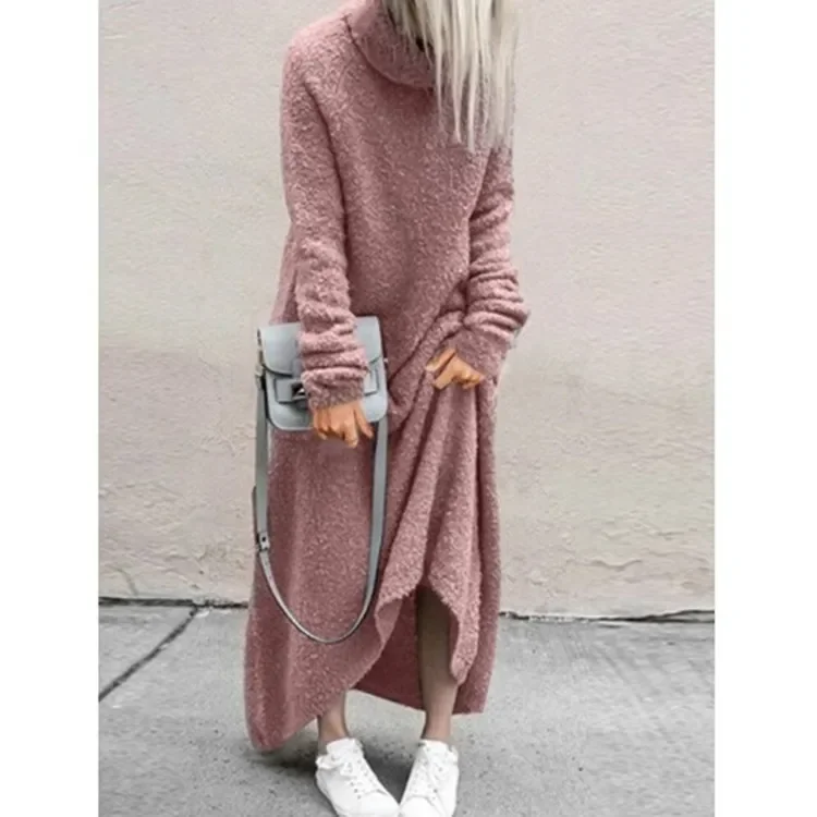 WomenAutumn And Winter Fashion Casual Plush Solid Color High Collar Long Sleeve Maxi Dress Velvet maxi dresses