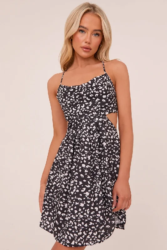 Black Leopard Print Cut Out Back Skater Dress - Miller Anniversary floral dresses