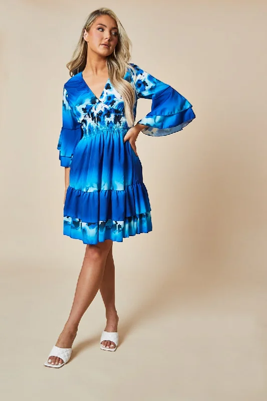 Blue Leopard Print Frill Detail Flared Dress - Junko Wedding floral dresses