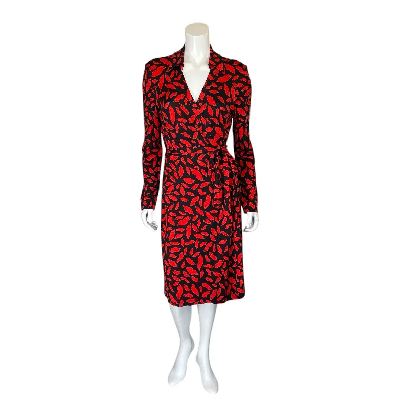 Diane Von Furstenberg | Women's Black and Red Lip Print Silk Wrap Dress | Size: 14 Minimalist floral dresses