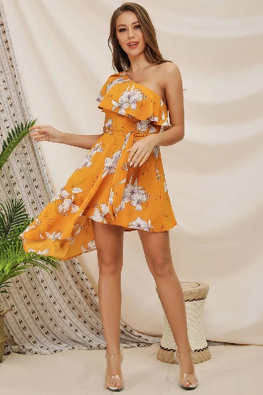 Falbala One-shoulder Asymmetrical Hem Belted Printed Dress Midi floral dresses