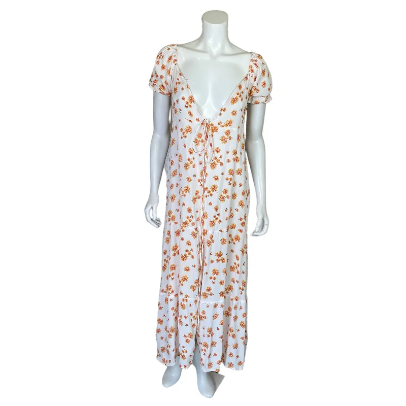 Flynn Skye | Women's White and Orange Floral Print Short Sleeve Long Wrap Dress | Size: XS Best floral dresses for plus size