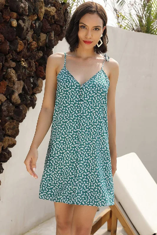 Green V-neck Tie Shoulder Printed Dress Hot new arrivals in floral dresses