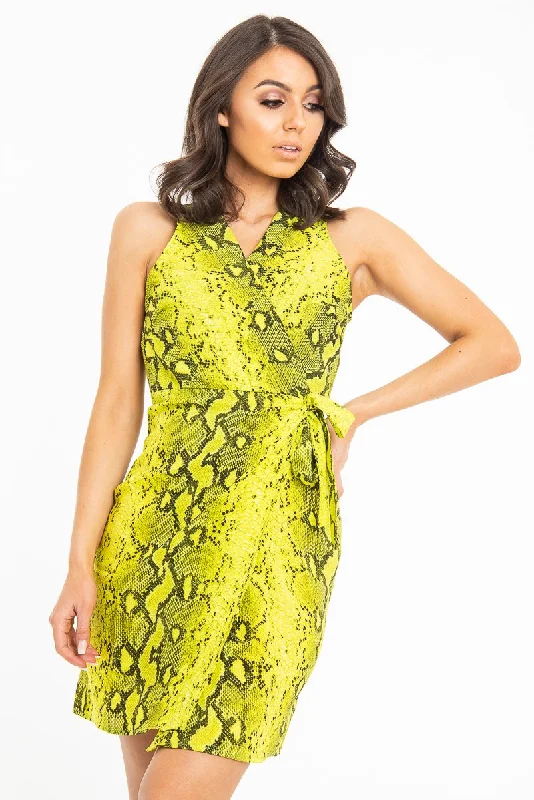 Lime Snake Print Wrap Tie Front Sleeveless Dress - Jayde Best floral dresses for beach vacations