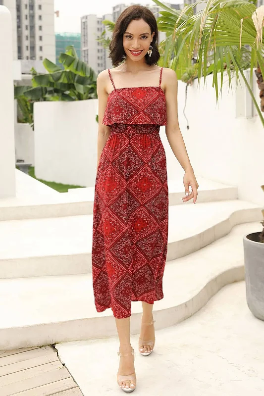 Red Square Print  Backless Long Dress With Spaghetti Straps Must-have floral dresses for this season