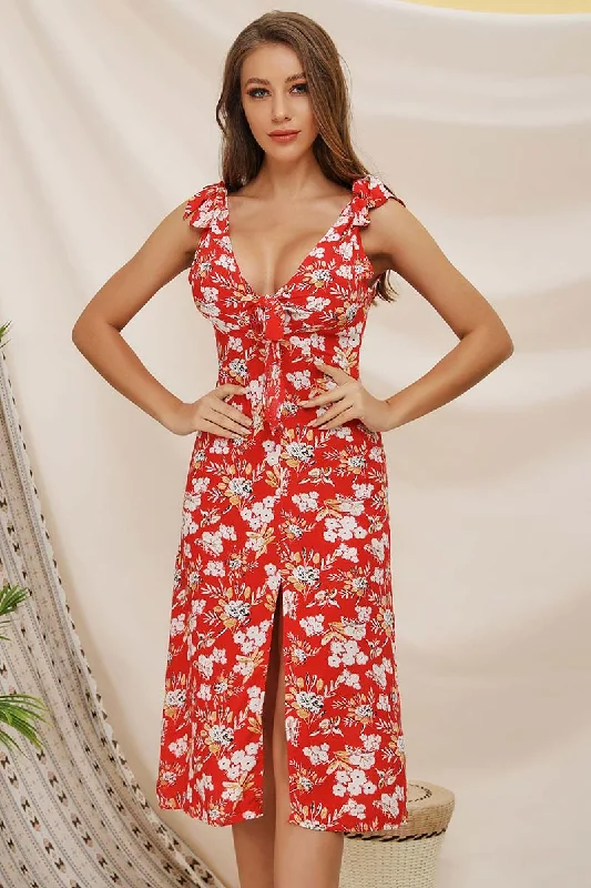 V-neck Tie Shoulder Slit Sleeveless Floral Dress Women's floral dresses