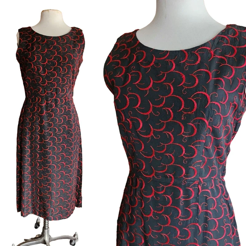 Vintage 50s Embroidered Dress Black Satin Red Crescent Pattern Summer floral dresses