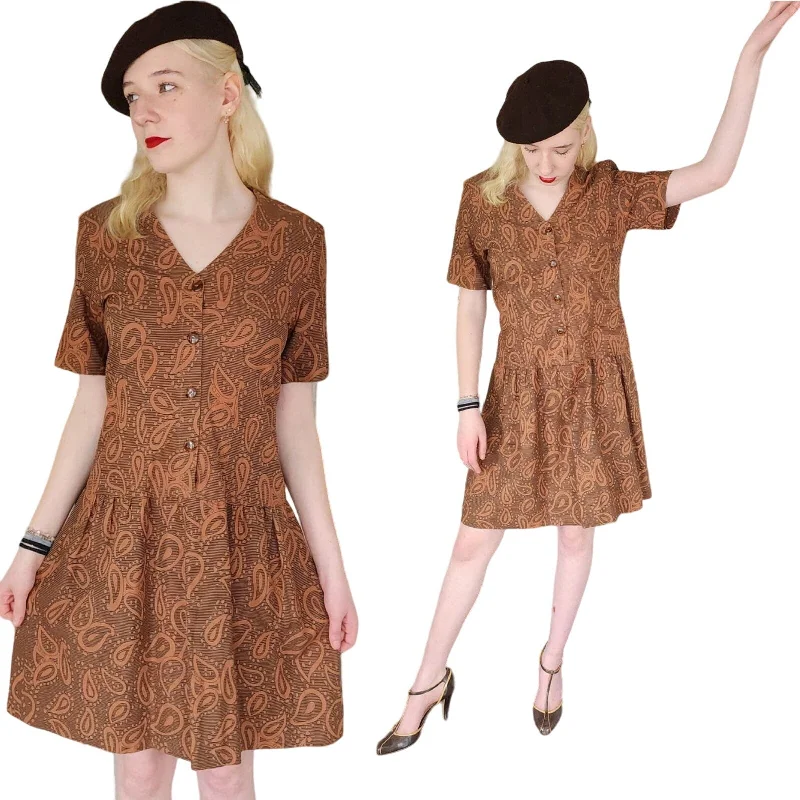 Vintage 60s Day Dress Drop Waist Brown Paisley Print Edgy floral dresses