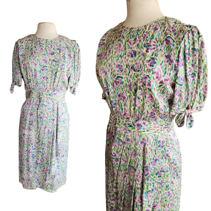 Vintage 80s Dress Floral Print Silk Norah Noh Monet Impressionist Pattern Zara floral dresses