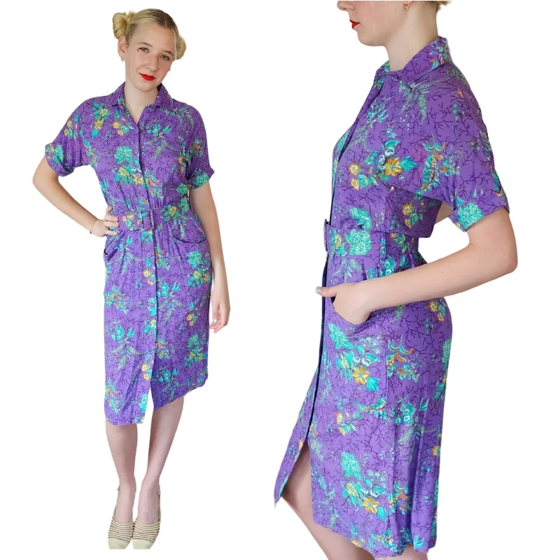 Vintage 80s Floral Print Dress Button Down Front Preppy floral dresses