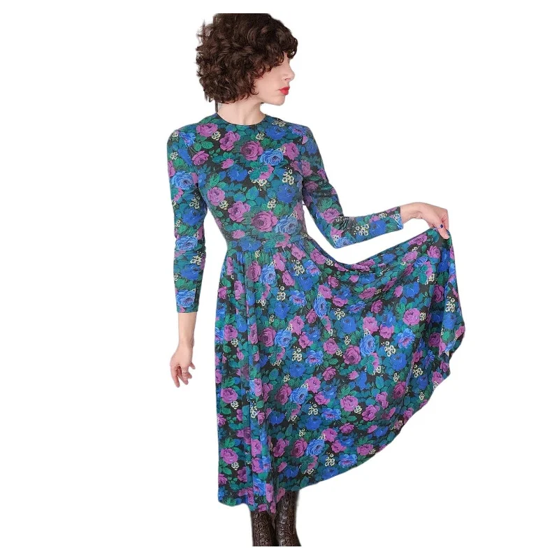 Vintage 80s Floral Print Dress Drop Waist Long Sleeves Express PrettyLittleThing floral dresses