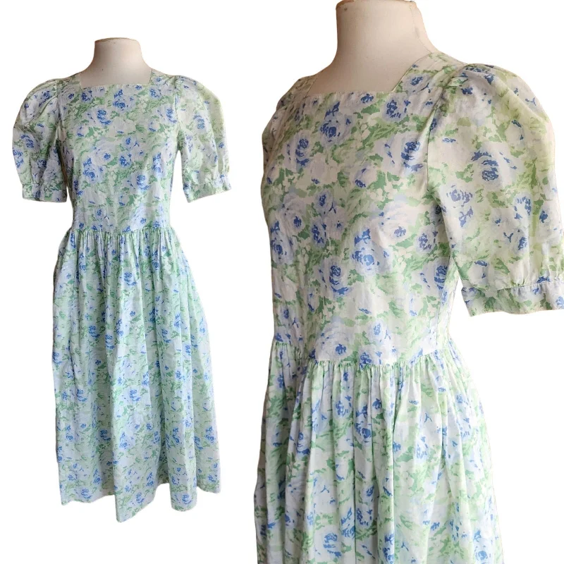 Vintage 80s Laura Ashley Floral Print Dress Blue Green White Cotton Spring floral dresses