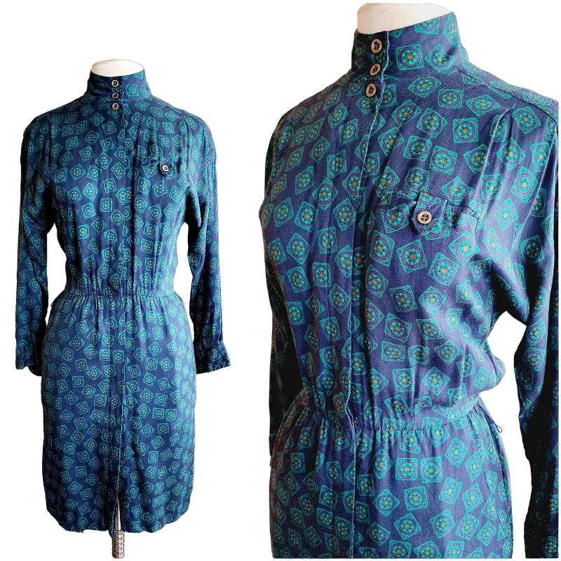 Vintage 80s Liz Claiborne Button Down Dress Green Blue Print Party floral dresses