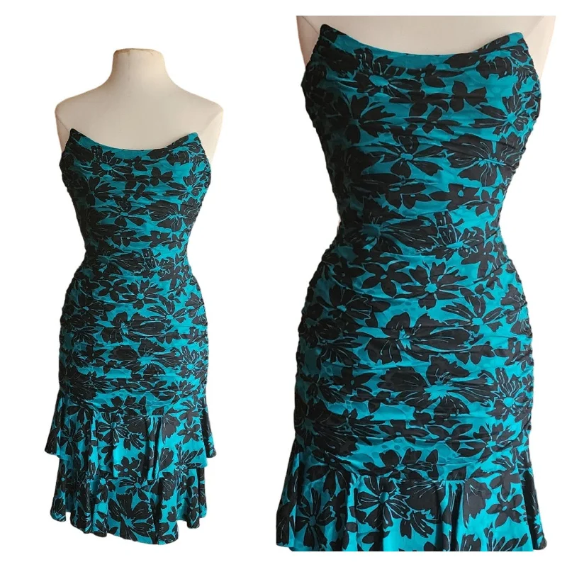 Vintage 80s Strapless Party Dress Teal Black Floral Print Tulle floral dresses