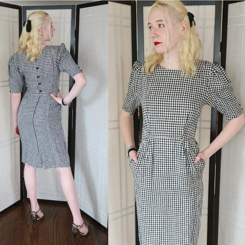 Vintage 80s UNGARO Dress Gingham Print Black White Back Buttons Y2K floral dresses