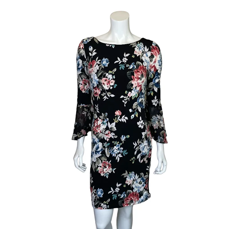 White House Black Market | Women's Black and Floral Print Long Bell Sleeve Dress | Size: SP Best floral dresses for casual outings