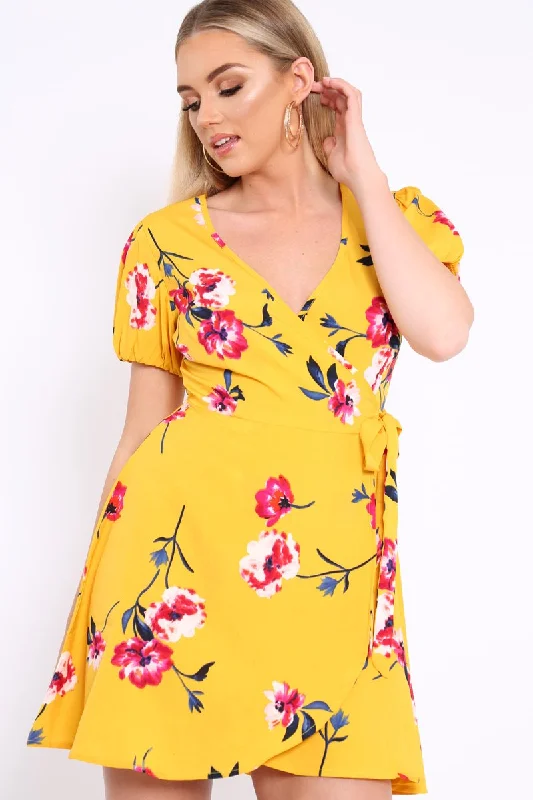 Yellow Floral Wrap Dress with Puff Sleeves - Phenix Mini floral dresses