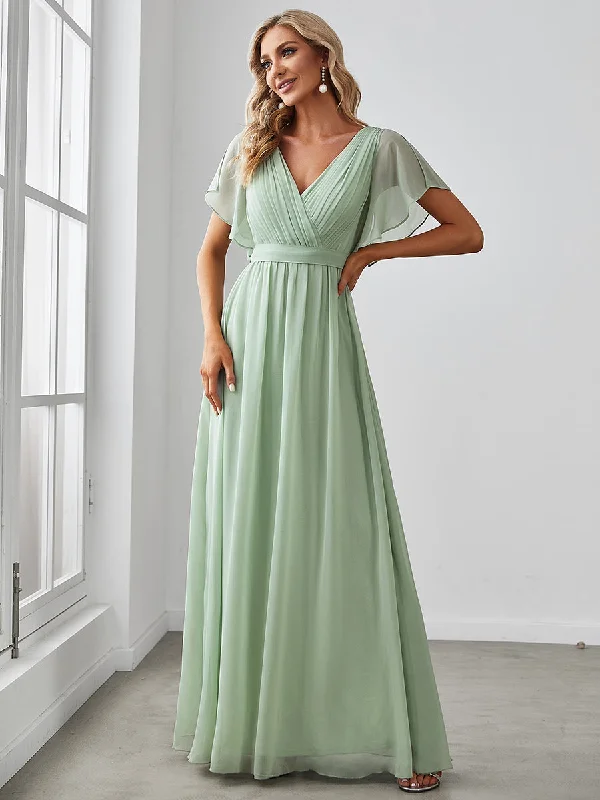 A Line Wholesale Bridesmaid Dresses with Deep V Neck Ruffles Sleeves Stylish unclassified dresses