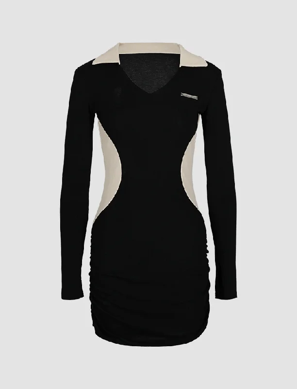 Black Color Block Polo Collar Dress Formal unclassified dresses