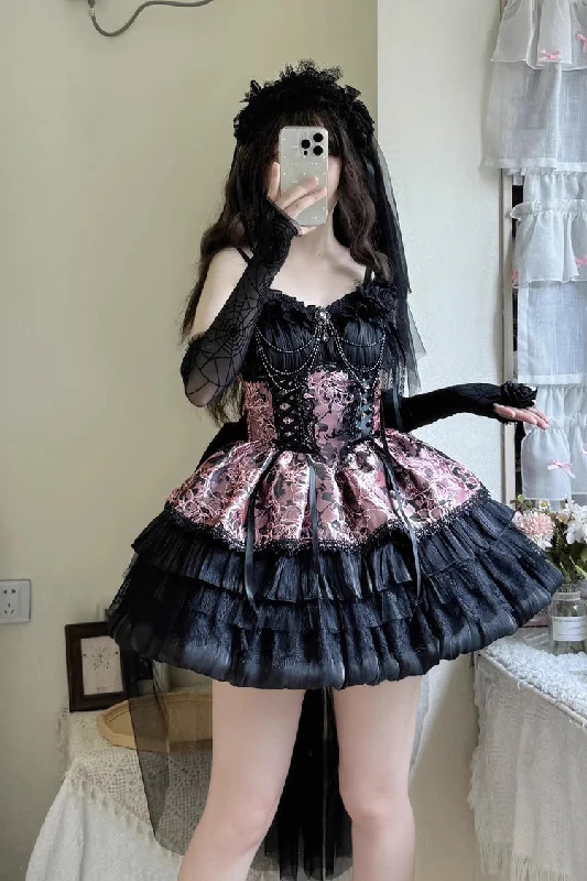 Black/Pink Ancient Dream of the Dark Night Print Ruffle Gothic Lolita Jsk Dress Beach unclassified dresses