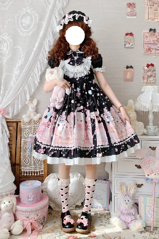 Black/Pink Cute Cat Print High Waisted Ruffle Bowknot Sweet Princess Lolita JSK Dress Ruched unclassified dresses