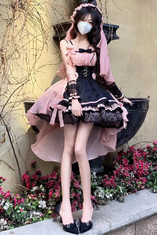 Black/Pink Multi-layer Ruffle Bowknot Sweet Princess Lolita Dress Lounge unclassified dresses