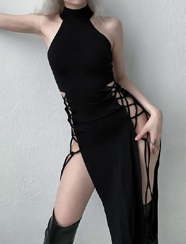 Black   Halter Neck Hollow Double Slit Dress  For Long sleeve unclassified dresses