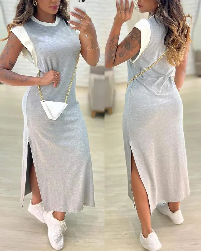 CAP SLEEVE ROUND NECK SIDE SLIT CASUAL DRESS Summer unclassified dresses