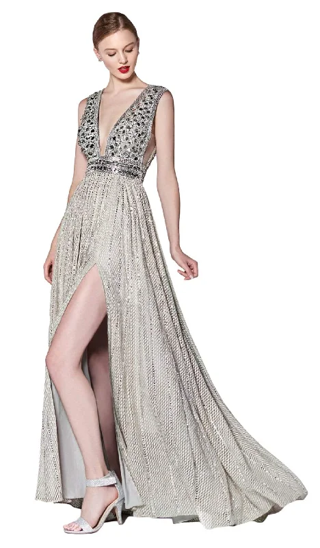 Cinderella Divine - CK892 Plunging Geo-Beaded Bodice High Slit Gown Engagement unclassified dresses