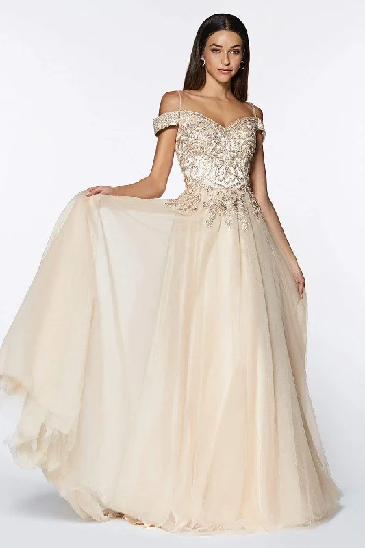 Cinderella Divine - KV1032 Beaded Off-Shoulder A-Line Gown Anniversary unclassified dresses