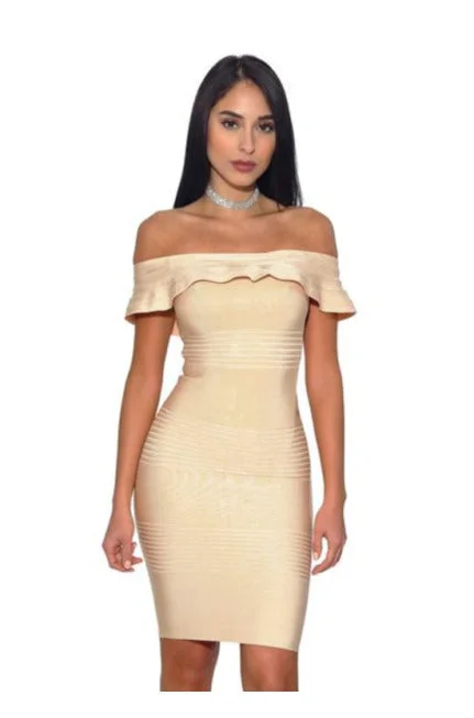 Elegant Cream Strapless Ruffled Bandage Dress Floral unclassified dresses