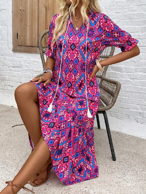 EMERY ROSE PAISLEY PRINTED KNOT NECKLINE RUFFLE HEM VACATION CASUAL DRESS FOR SUMMER High-end unclassified dresses