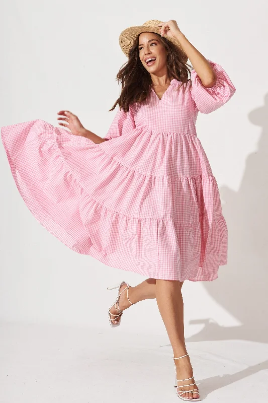 Kehlana Tiered Smock Dress In Pink With White Gingham Wedding guest unclassified dresses