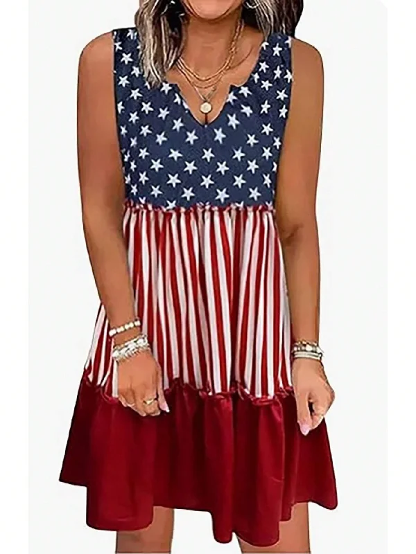 LUNE WOMEN S SLEEVELESS DRESS WITH AMERICAN FLAG PRINT AND FRILL HEM Affordable unclassified dresses