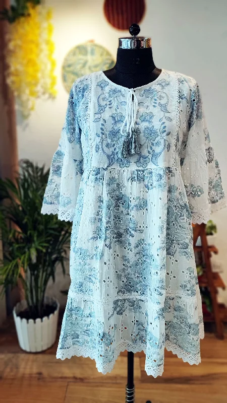 Moonlight White Mid-length Cotton Mulmul Dress With Ink Blue Embroidery Denim unclassified dresses