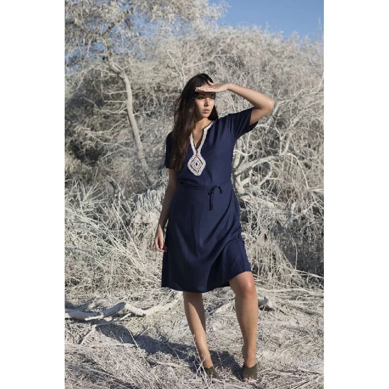 Navy Blue Diamond Pattern Carla Embroidery Tunic Dress-Moroccan Dress Velvet unclassified dresses