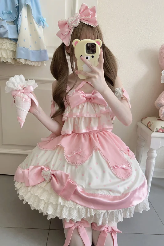 Pink Cream Multi-Layered Polka Dots Print Ruffle Bowknot Sweet Lolita Jsk Dress Ruffled unclassified dresses