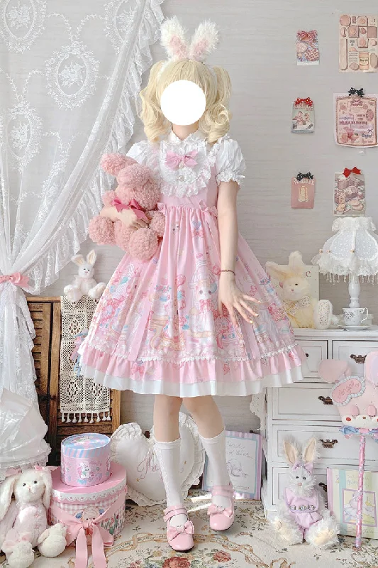 Pink Cute Cat Print High Waisted Ruffle Bowknot Sweet Princess Lolita JSK Dress Striped unclassified dresses