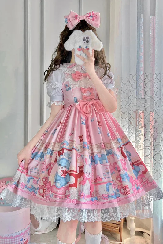 Pink Doll Playground Print Ruffle Bowknot Sweet Lolita Jsk Dress Graduation unclassified dresses