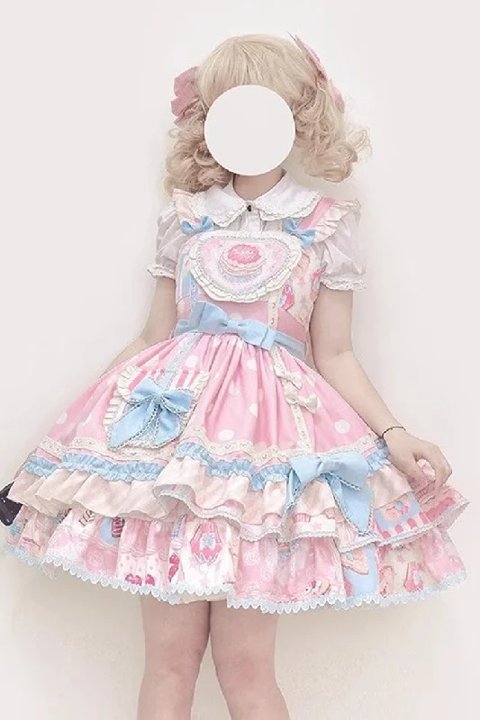 Pink [Frosted Sugar Sweetheart] Double-Layered Print Ruffle Bowknot Sweet Princess Lolita Jsk Dress Holiday unclassified dresses