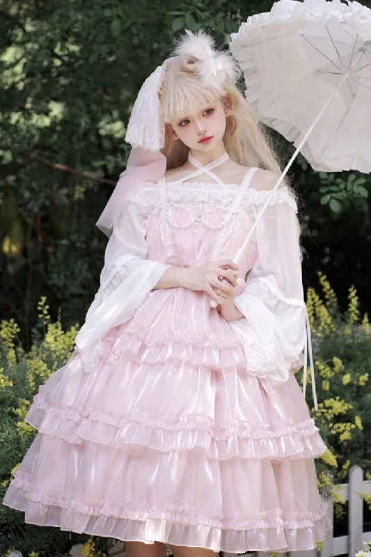 Pink Gauze Romance Multi-layer Ruffle Bowknot Sweet Elegant Princess Lolita Jsk Dress Embroidered unclassified dresses