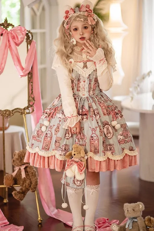 Pink/Green Bear Doll Wall Print Ruffle Embroidery Bowknot Sweet Lolita Jsk Dress Soft fabric unclassified dresses