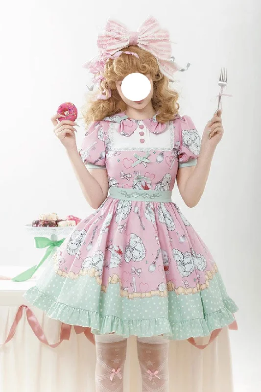 Pink/Green Tea Time Donut, Cake and Bear Print Ruffle Sweet Elegant Lolita Dress Neutral tone unclassified dresses