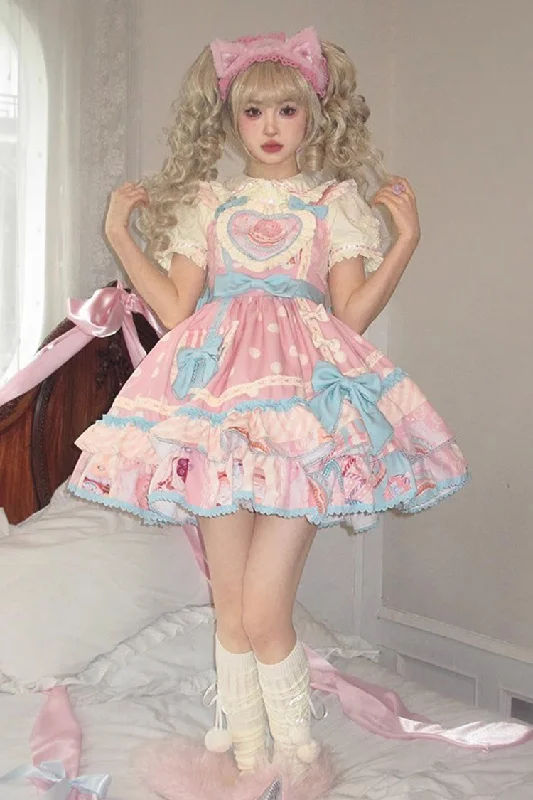 Pink Multi-layer Frosted Sugar Sweetheart Print Bowknot Sweet Lolita Jsk Dress Open-back unclassified dresses